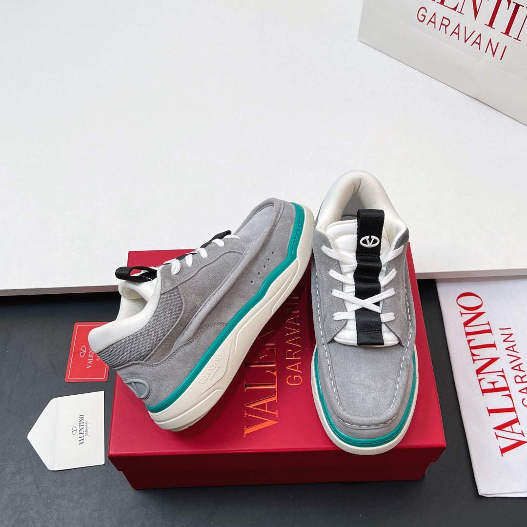 VALENTINO 25S RUNBOOT SNEAKERS IN GREY MIX TEAL BLUE LAMBSKIN - 35