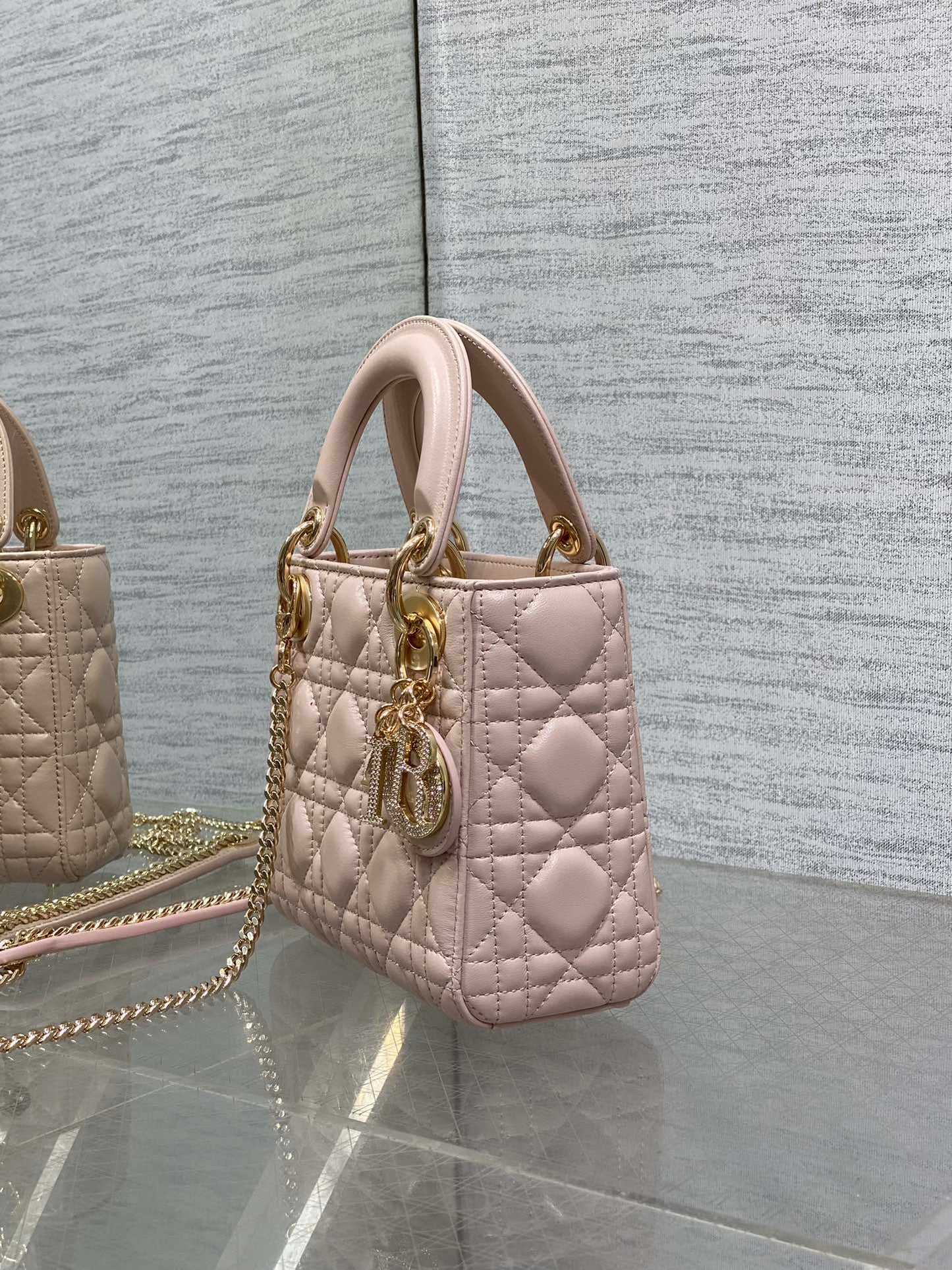 DIOR 25S MINI LADY DIOR BAG 17 IN PINK CALFSKIN CHARM CRYSTAL EMBELLISHMENTS