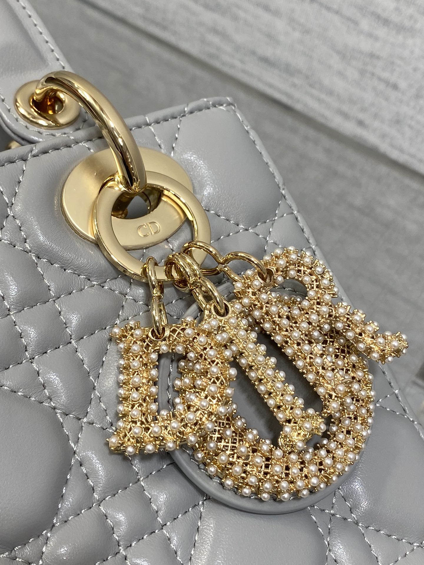 DIOR 25S LADY DIOR BAG 20 IN DARK GRAY CALFSKIN CHARM PEARL EMBELLISHMENTS
