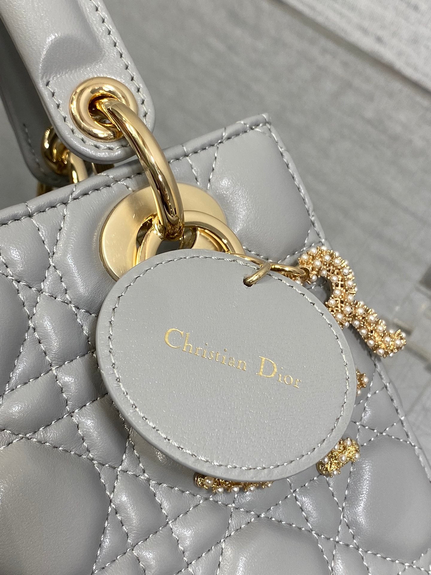 DIOR 25S LADY DIOR BAG 20 IN DARK GRAY CALFSKIN CHARM PEARL EMBELLISHMENTS
