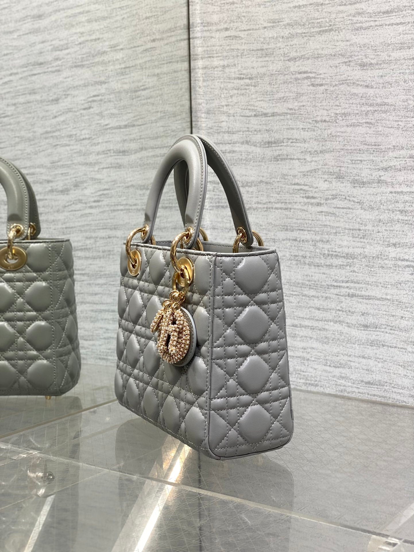DIOR 25S LADY DIOR BAG 20 IN DARK GRAY CALFSKIN CHARM PEARL EMBELLISHMENTS