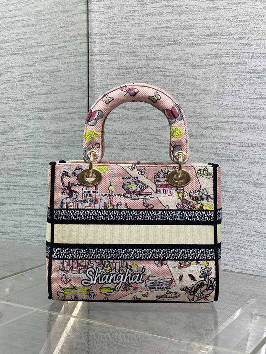 DIOR 25S МАЛА СУМКА LADY D-LITE 24 З РОЖЕВОГО ПОЛОТНА DIOR BUTTERFLY