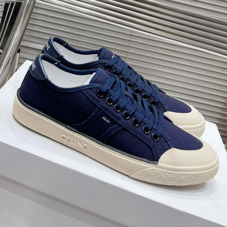 JANE SNEAKERS LOW LACE-UP WITH TRIOMPHE PATCH IN CANVAS AND CALFSKIN NAVY - 35