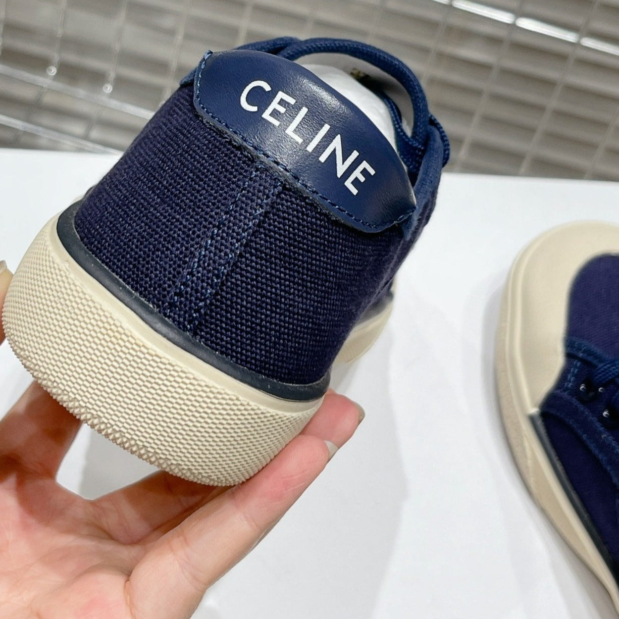 JANE SNEAKERS LOW LACE-UP WITH TRIOMPHE PATCH IN CANVAS AND CALFSKIN NAVY - 35