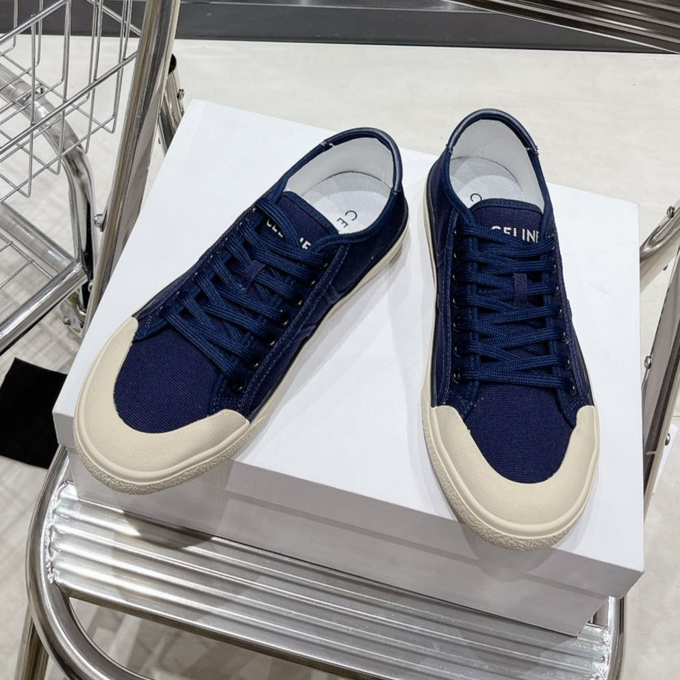 JANE SNEAKERS LOW LACE-UP WITH TRIOMPHE PATCH IN CANVAS AND CALFSKIN NAVY - 35