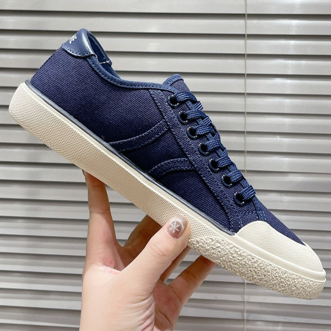 JANE SNEAKERS LOW LACE-UP WITH TRIOMPHE PATCH IN CANVAS AND CALFSKIN NAVY - 35