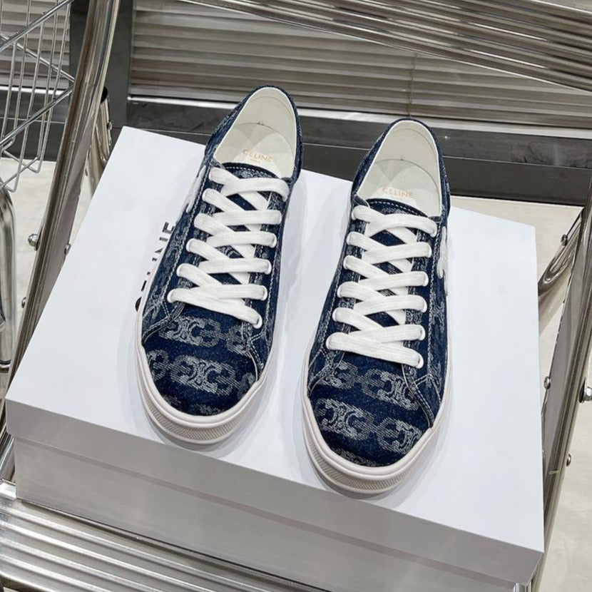 JANE SNEAKERS LOW LACE-UP WITH TRIOMPHE PATCH IN CANVAS AND CALFSKIN DETAIL NAVY/ WHITE LOGO - 35