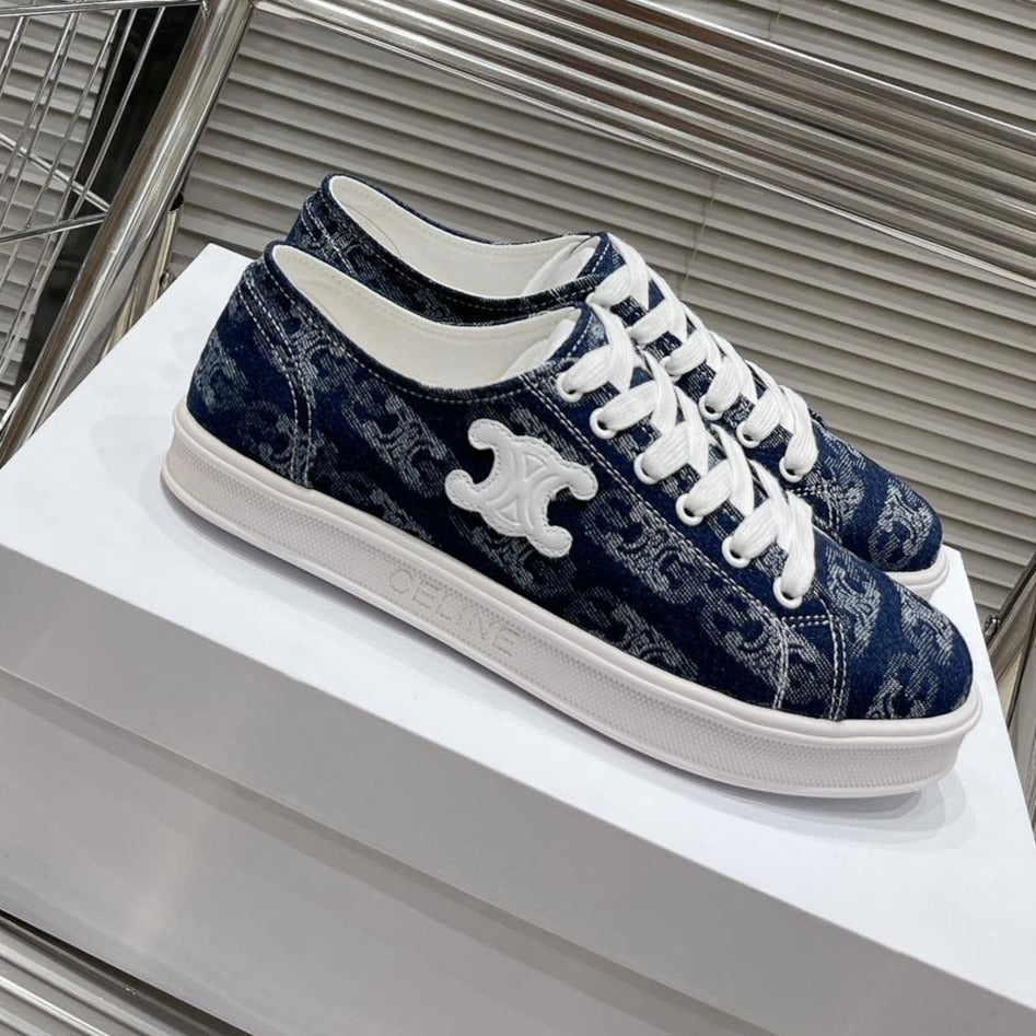 JANE SNEAKERS LOW LACE-UP WITH TRIOMPHE PATCH IN CANVAS AND CALFSKIN DETAIL NAVY/ WHITE LOGO - 35