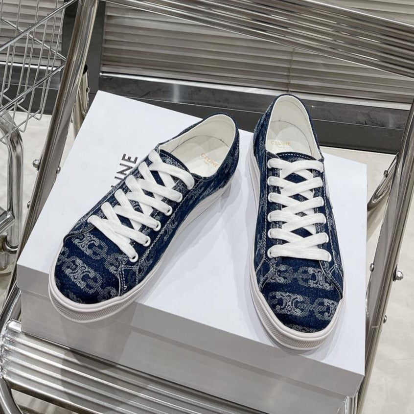 JANE SNEAKERS LOW LACE-UP WITH TRIOMPHE PATCH IN CANVAS AND CALFSKIN DETAIL NAVY/ WHITE LOGO - 35