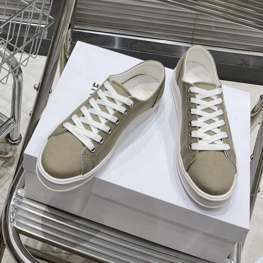 JANE SNEAKERS LOW LACE-UP WITH TRIOMPHE PATCH IN CANVAS AND CALFSKIN STONE GRAY/ WHITE LOGO - 35