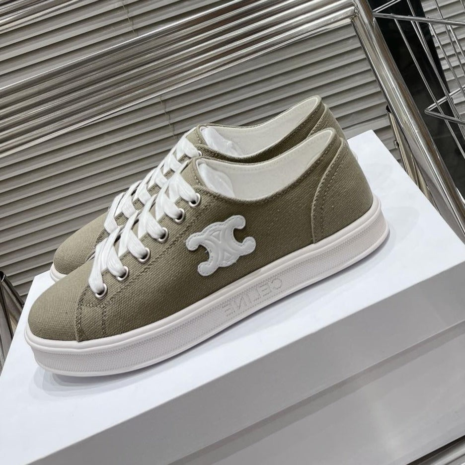 JANE SNEAKERS LOW LACE-UP WITH TRIOMPHE PATCH IN CANVAS AND CALFSKIN STONE GRAY/ WHITE LOGO - 35
