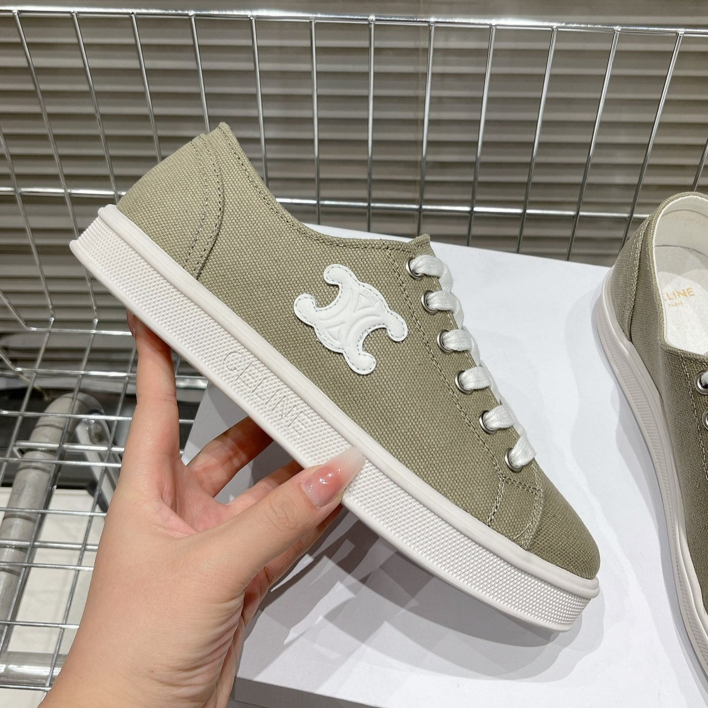 JANE SNEAKERS LOW LACE-UP WITH TRIOMPHE PATCH IN CANVAS AND CALFSKIN STONE GRAY/ WHITE LOGO - 35
