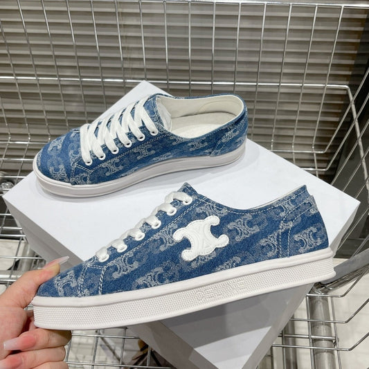 JANE SNEAKERS LOW LACE-UP WITH TRIOMPHE PATCH IN CANVAS AND CALFSKIN DETAIL DENIM/ WHITE LOGO - 35