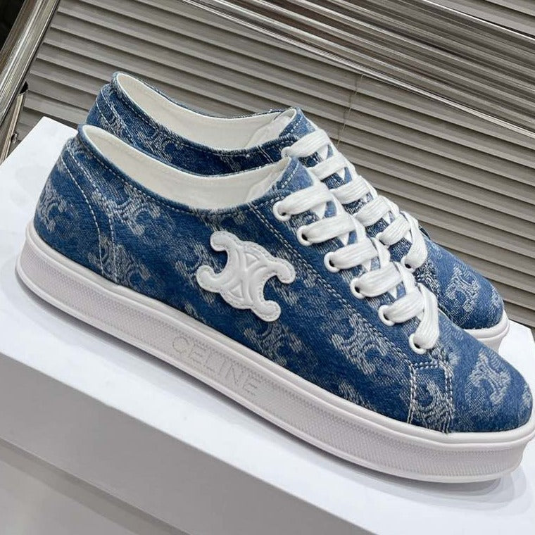 JANE SNEAKERS LOW LACE-UP WITH TRIOMPHE PATCH IN CANVAS AND CALFSKIN DETAIL DENIM/ WHITE LOGO - 35
