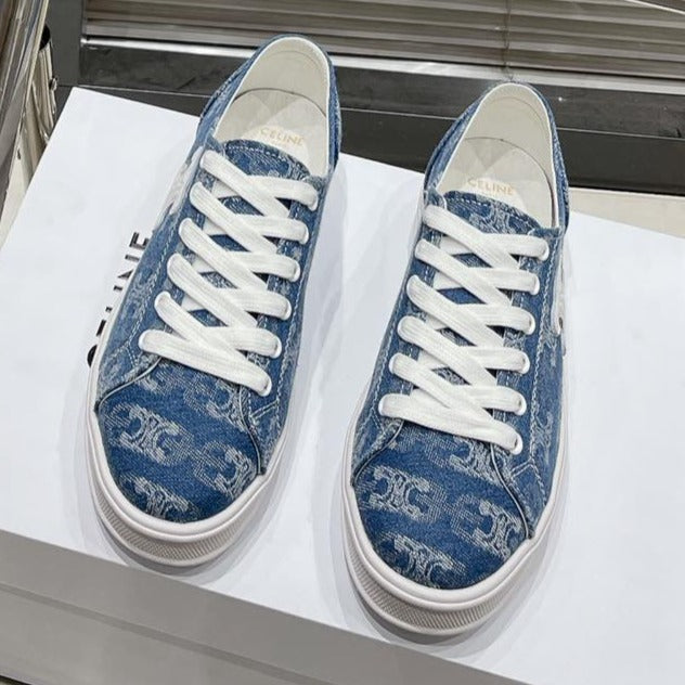 JANE SNEAKERS LOW LACE-UP WITH TRIOMPHE PATCH IN CANVAS AND CALFSKIN DETAIL DENIM/ WHITE LOGO - 35