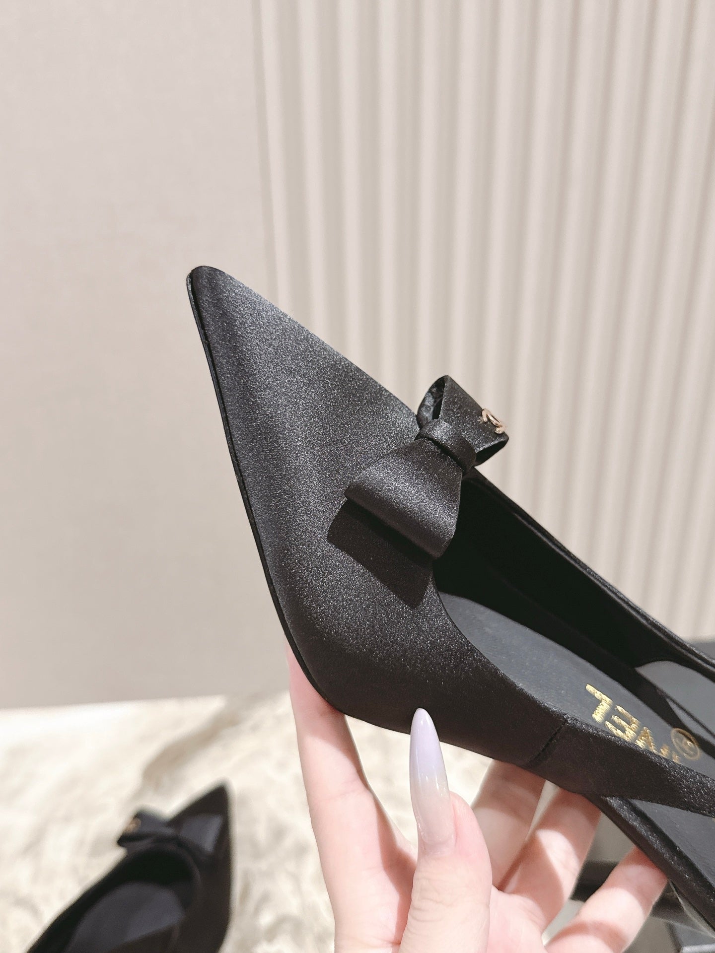 CC HIGH SLINGBACK IN BLACK SATIN WITH BOW ATTACHED - 35