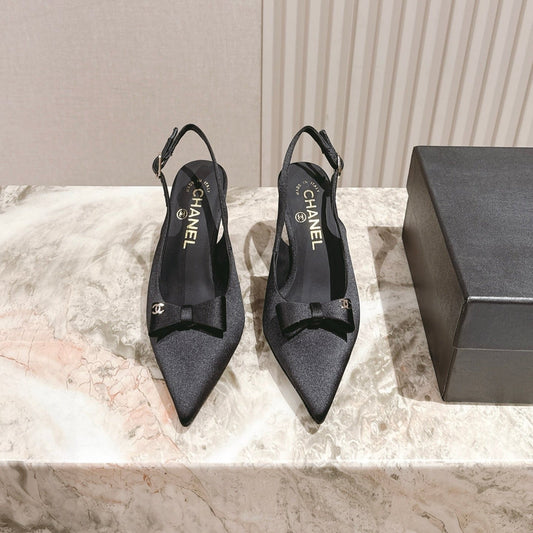 CC HIGH SLINGBACK IN BLACK SATIN WITH BOW ATTACHED - 35