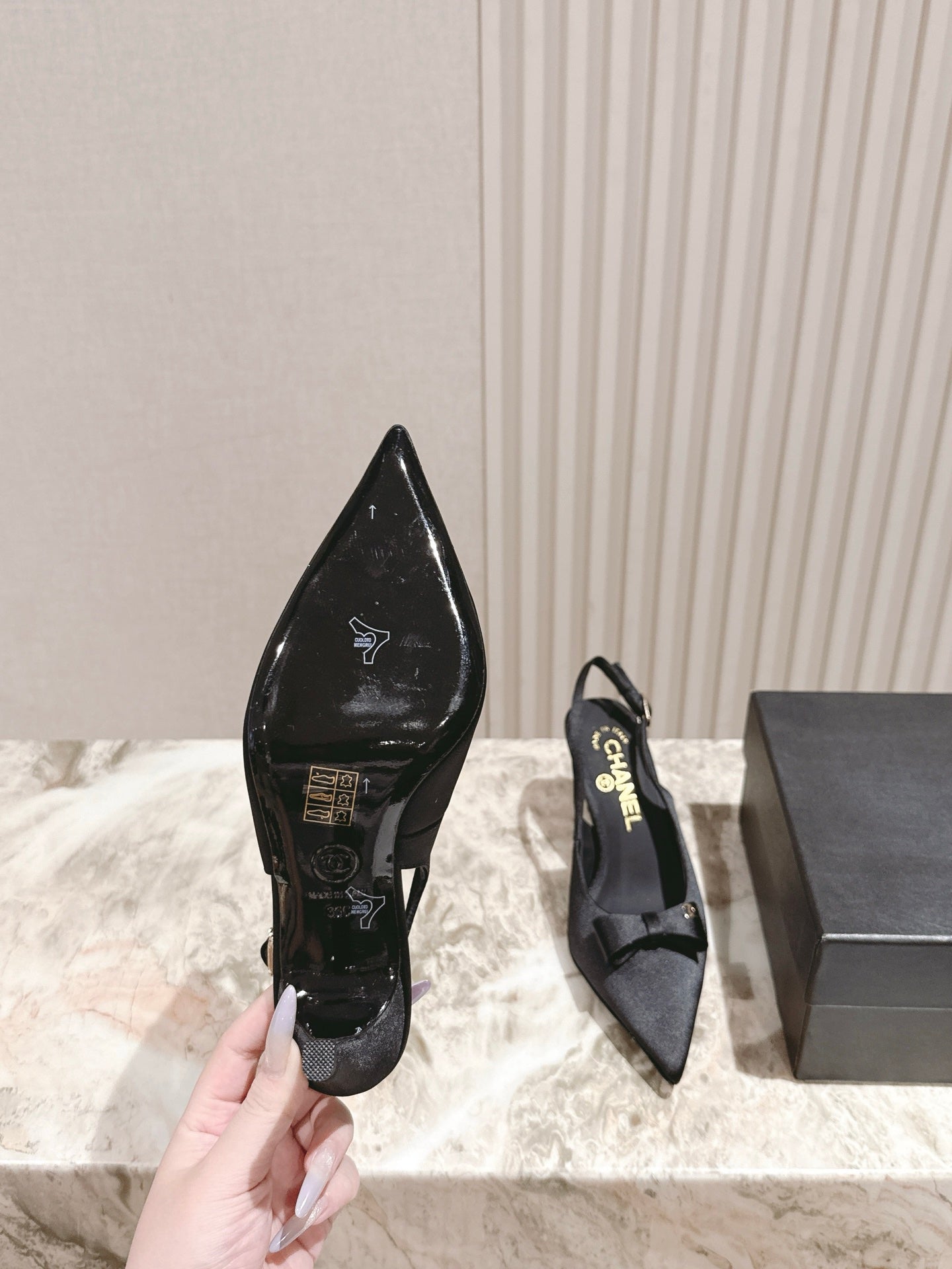 CC HIGH SLINGBACK IN BLACK SATIN WITH BOW ATTACHED - 35