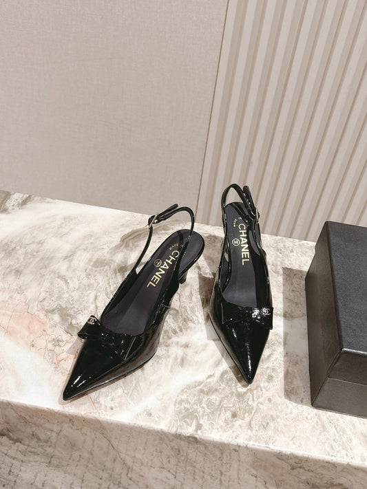 CC HIGH SLINGBACK IN BLACK LAMBSKIN WITH BOW ATTACHED - 35