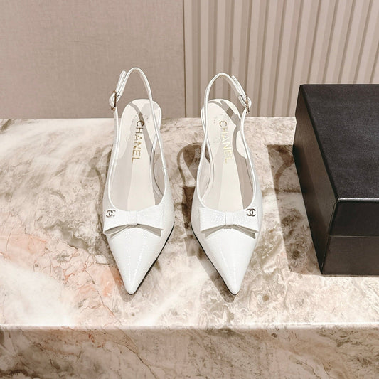 CC HIGH SLINGBACK IN CREAM WHITE LAMBSKIN WITH BOW ATTACHED - 35