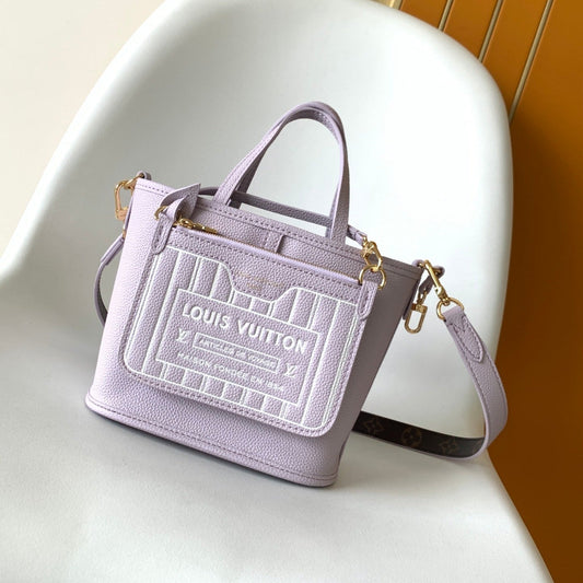LV 25S NEVERFULL BANDOULIÈRE INSIDE OUT BB 31 IN LIGHT PURPLE AND BROWN CALFSKIN