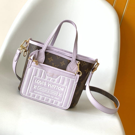 LV 25S NEVERFULL BANDOULIÈRE INSIDE OUT BB 24 IN LIGHT PURPLE AND BROWN CALFSKIN