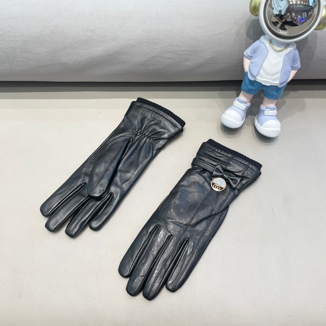 GLOVES ATTACHED BOW IN BLACK LAMBSKIN AND WOOL 429202 - M