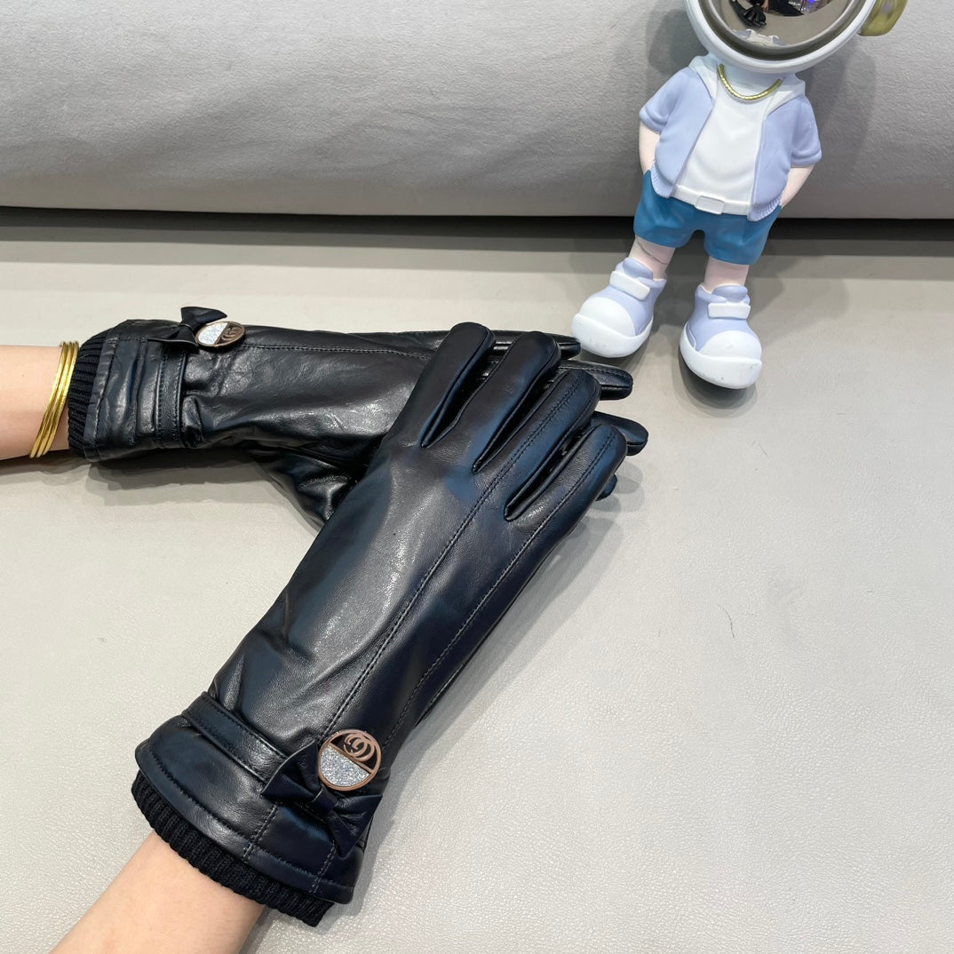 GLOVES ATTACHED BOW IN BLACK LAMBSKIN AND WOOL 429202 - M