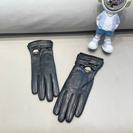 GLOVES ATTACHED BOW IN BLACK LAMBSKIN AND WOOL 429202 - M