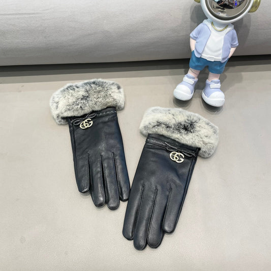 FUR-TRIMMED LAMBSKIN GLOVES BLACK WITH BOW 456265 - M
