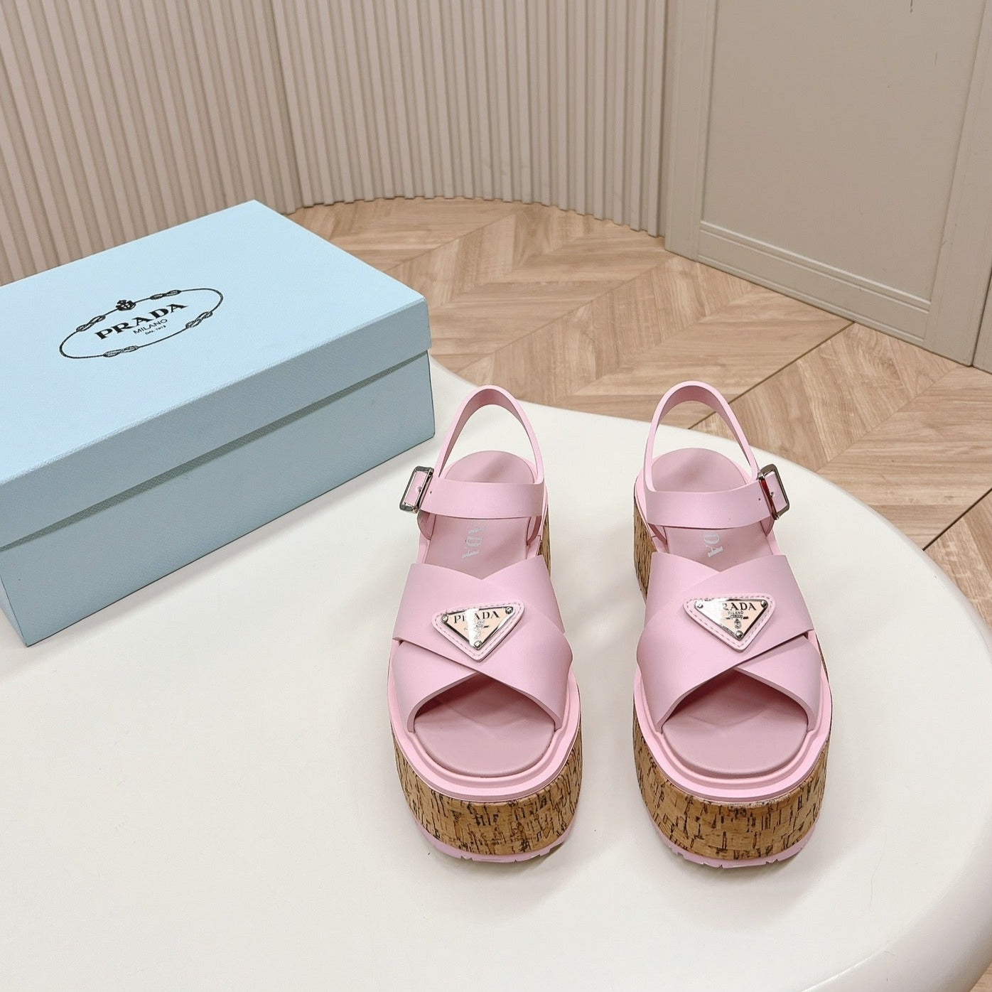 PRA WEDGE PLATFORM SANDALS PASTEL PINK CALFSKIN - 35