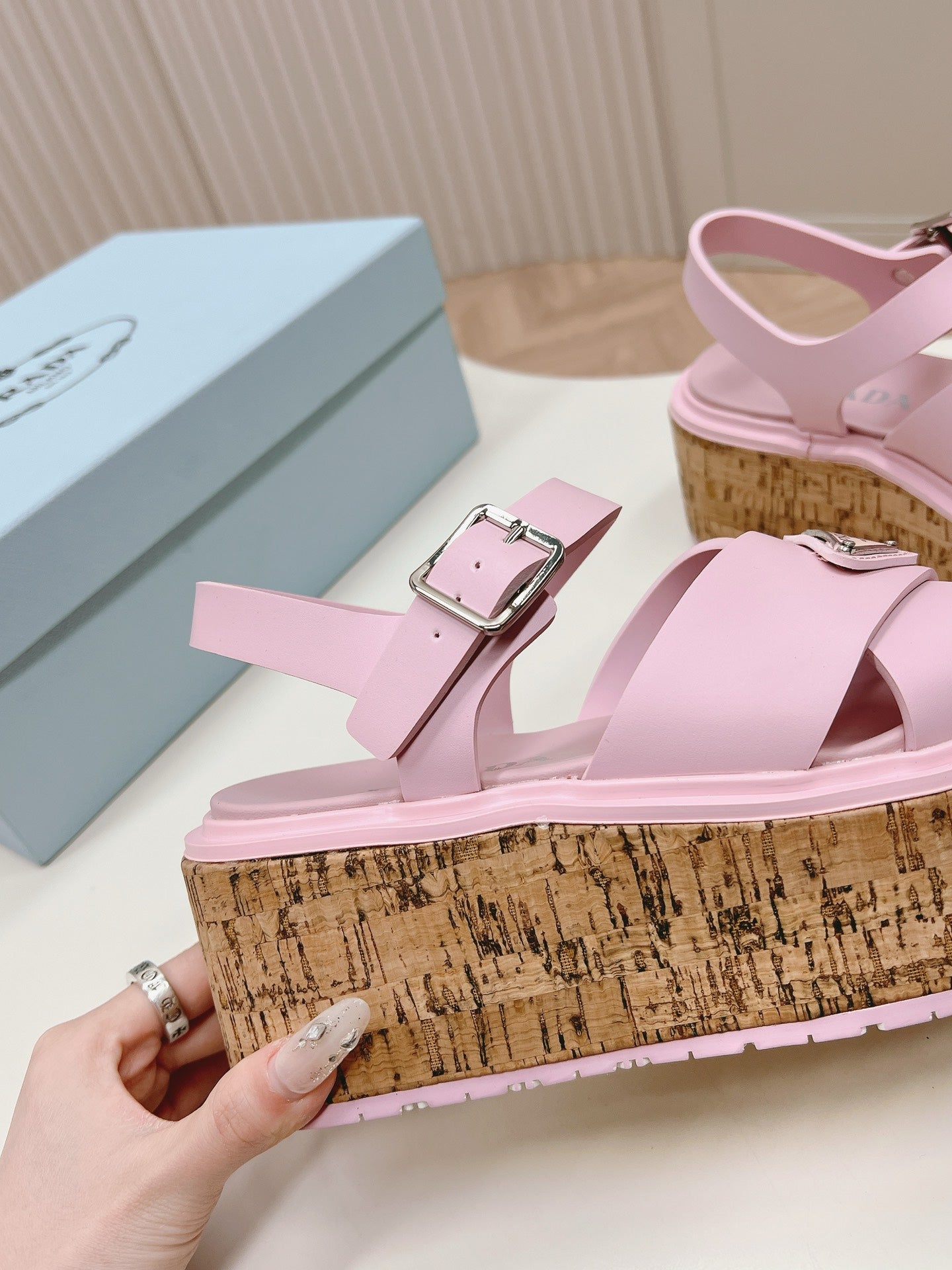 PRA WEDGE PLATFORM SANDALS PASTEL PINK CALFSKIN - 35