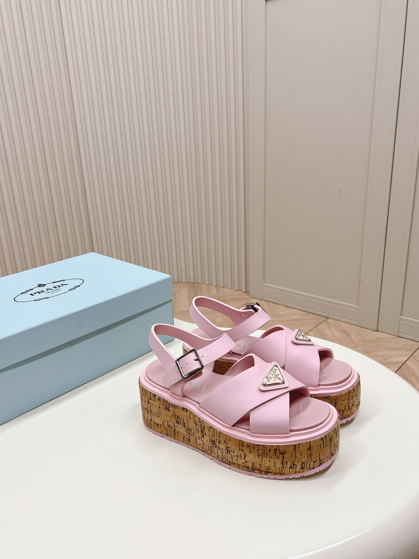 PRA WEDGE PLATFORM SANDALS PASTEL PINK CALFSKIN - 35