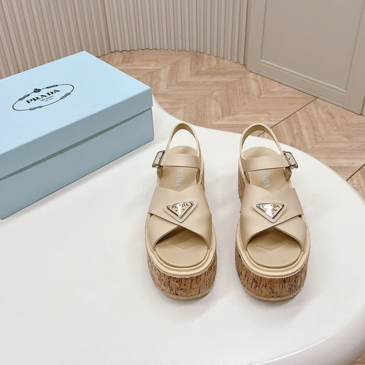PRA WEDGE PLATFORM SANDALS BEIGE CALFSKIN - 35