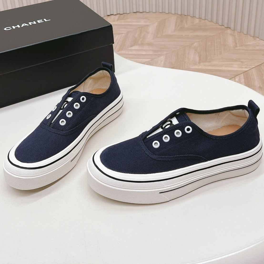 Double C Platform Biscuit Shoes Fabric Navy Blue - 35