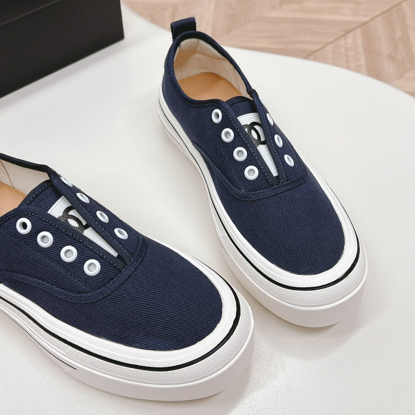 Double C Platform Biscuit Shoes Fabric Navy Blue - 35