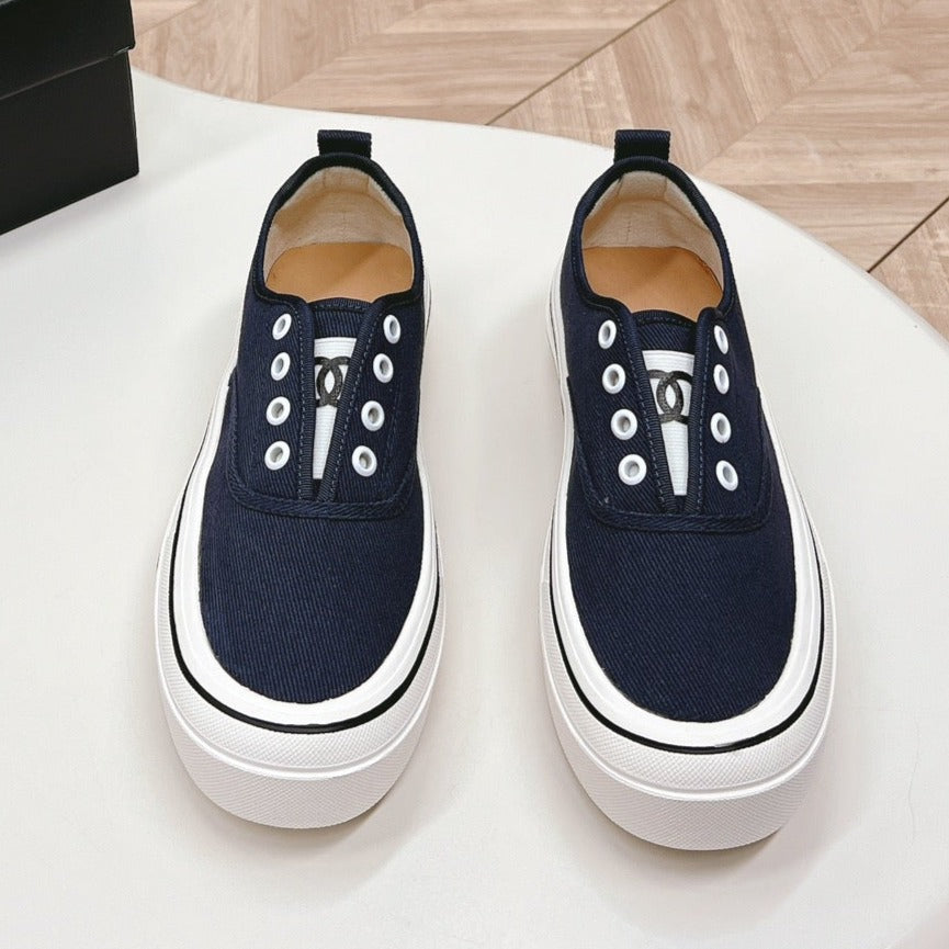 Double C Platform Biscuit Shoes Fabric Navy Blue - 35