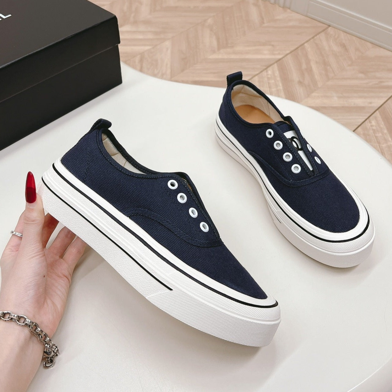 Double C Platform Biscuit Shoes Fabric Navy Blue - 35