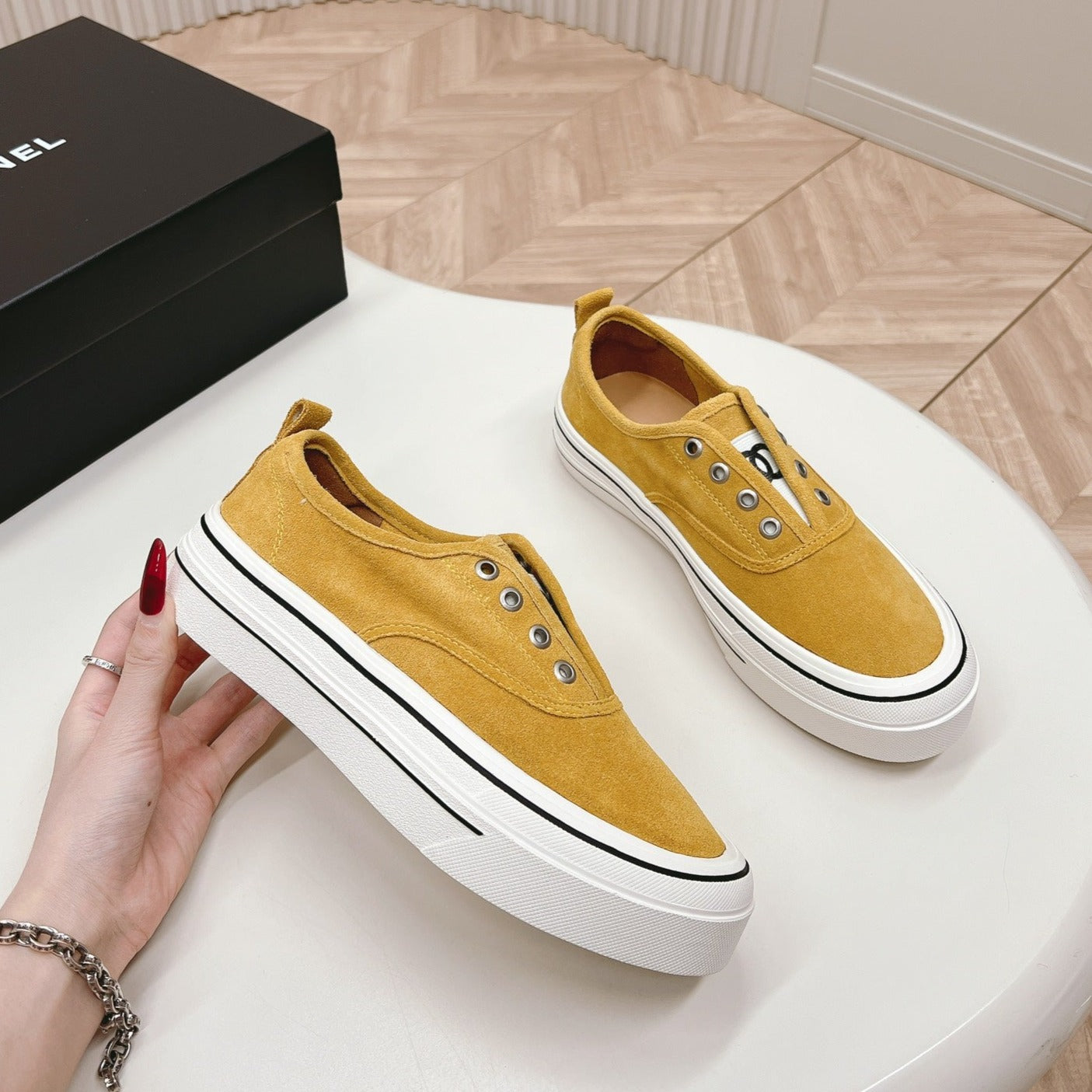Double C Platform Biscuit Shoes Fabric Amber Yellow - 35