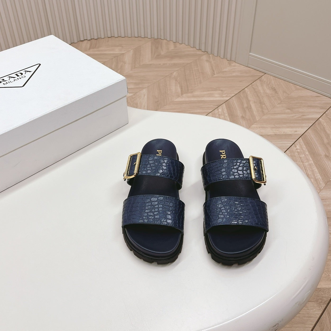 PRA CROCODILE MOTIF SLIDES SANDALS NAVY CALFSKIN - 35
