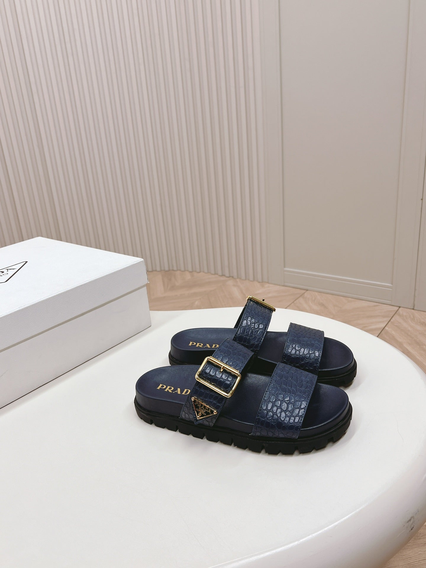 PRA CROCODILE MOTIF SLIDES SANDALS NAVY CALFSKIN - 35