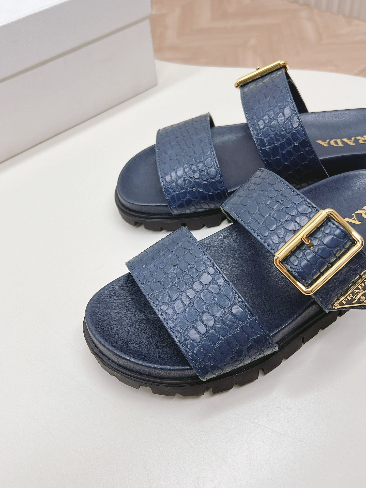 PRA CROCODILE MOTIF SLIDES SANDALS NAVY CALFSKIN - 35