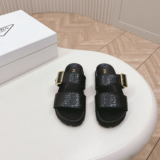 PRA CROCODILE MOTIF SLIDES SANDALS BLACK CALFSKIN - 35