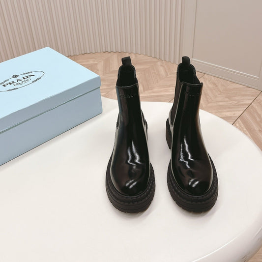 PRA BRUSHED BOOTIES GLOSSY BLACK CALFSKIN - 35