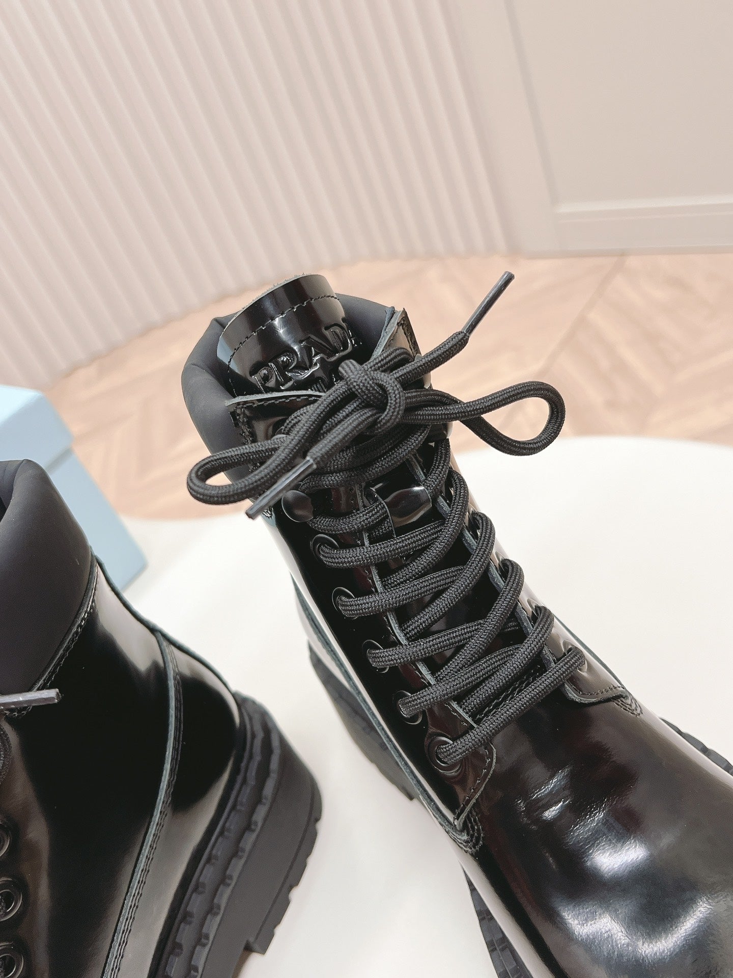 PRA LACE-UP BOOTS GLOSSY BLACK CALFSKIN - 35