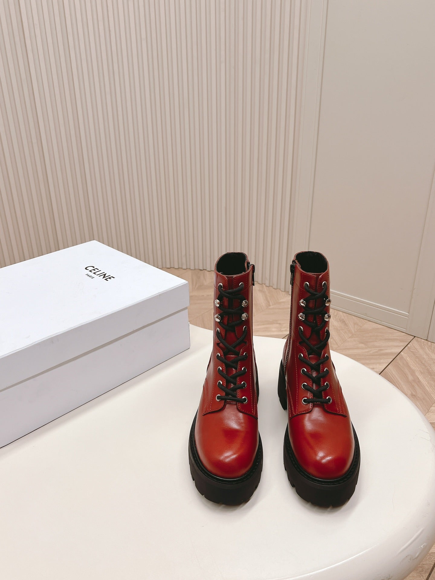 TRIOMPHE RANGERS MID LACE-UP BOOT IN CHERRY RED CALFSKIN - 35