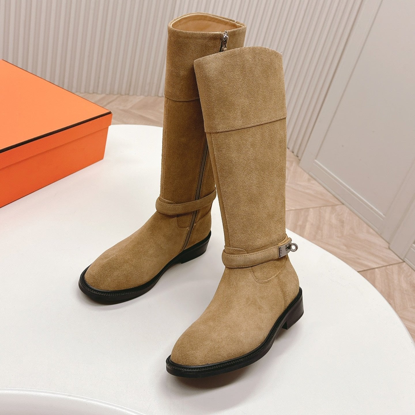 KNEE HIGH BOOTS IN CIDER BROWN SUEDE WITH SILVER BUCKLE - 35