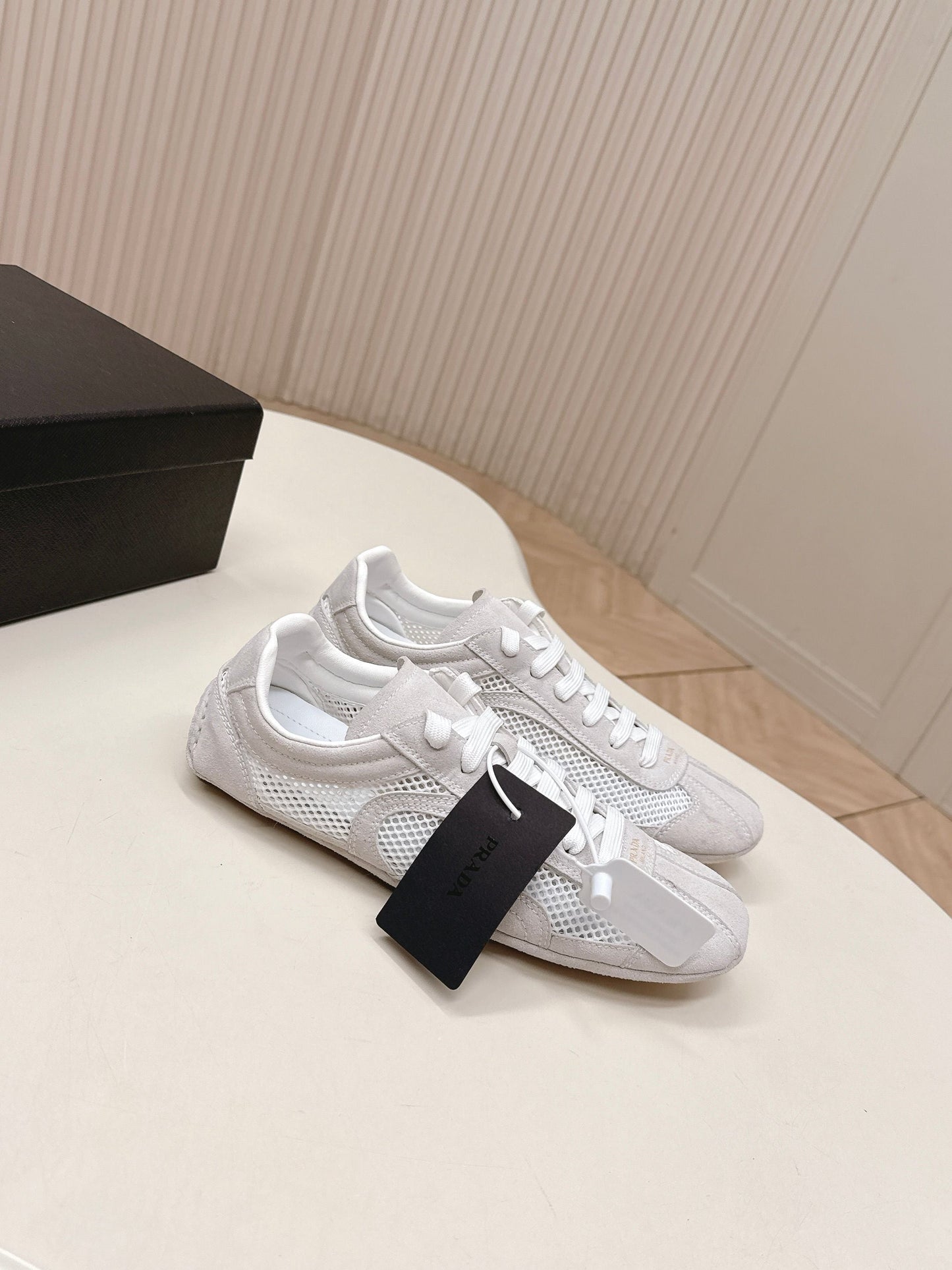 PRADA 26S CLASSIC SNEAKERS IN LIGHT GREY SUEDE AND MESH