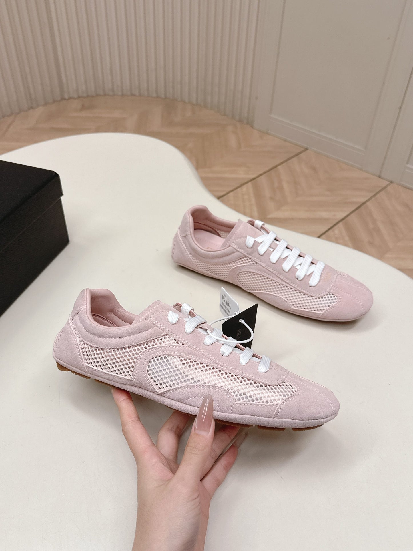 PRADA 26S CLASSIC SNEAKERS IN PINK SUEDE AND MESH