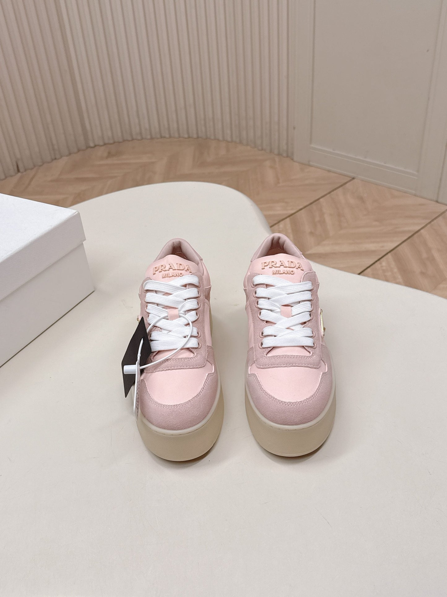 PRADA 26S PLATFORM SNEAKERS 50MM IN PINK SUEDE